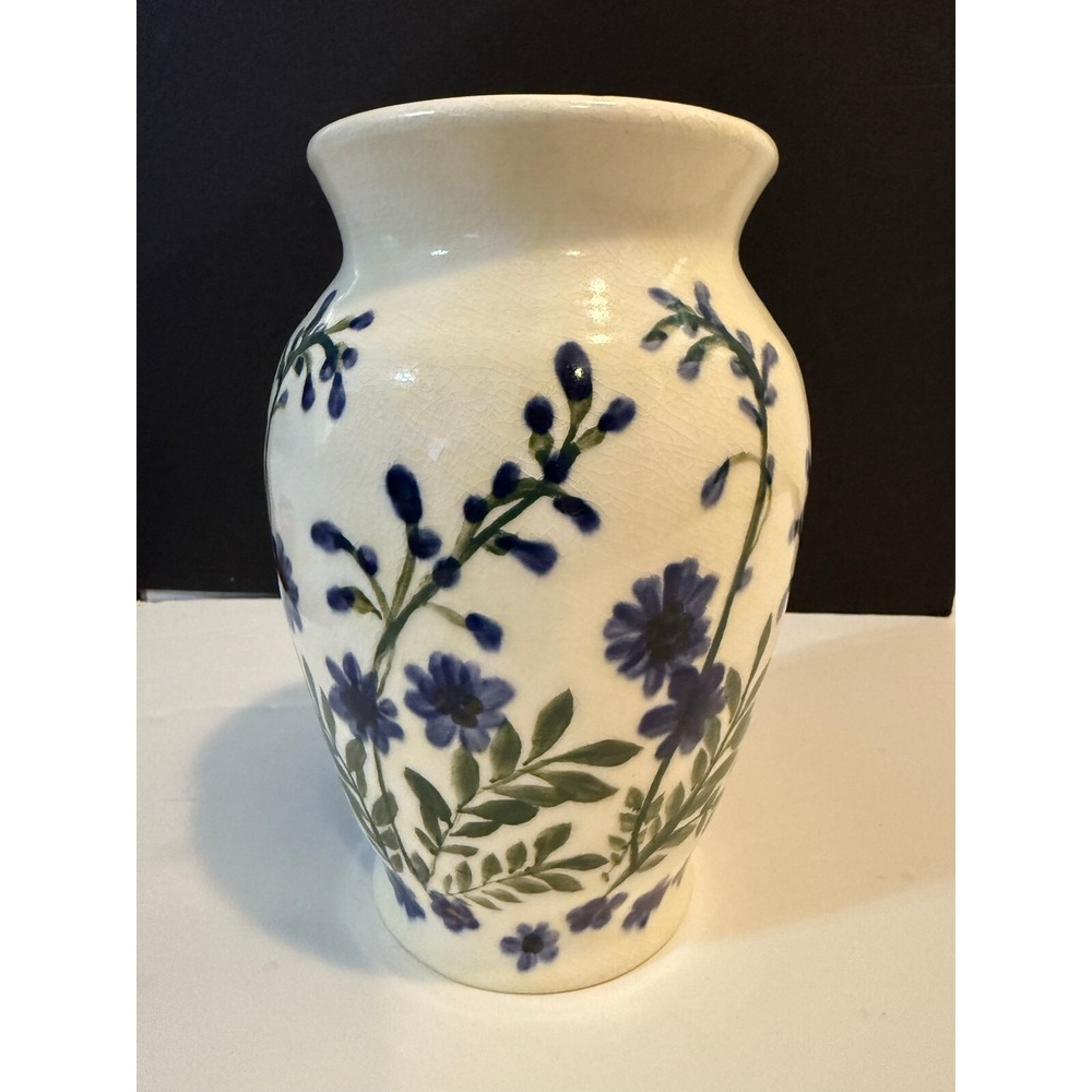 Vintage Purple Floral Hand‎ Painted crackled style glaze Stamp Mark 7.5" Vase
